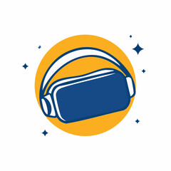 VR headset icon with yellow circle and blue headset, surrounded by stars.