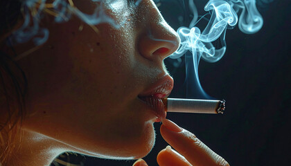 Close up of woman smoking cigarette, with visible smoke swirling around her face, dramatic lighting highlighting skin texture and creating moody, contemplative atmosphere