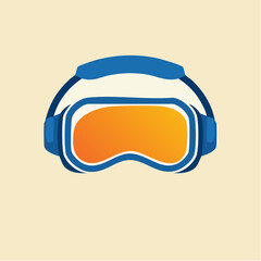 Illustration of virtual reality headset with blue frame and orange lenses on a beige background.