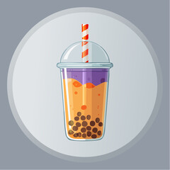 Illustration of a bubble tea drink with tapioca pearls and a striped straw.