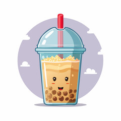 Cute cartoon bubble tea with tapioca pearls and a happy face.