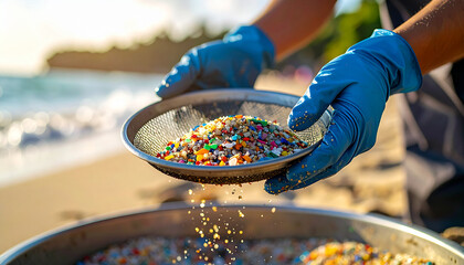 Gloved hands sifting colorful microplastic particles and sand through fine mesh sieve during field research on sunny beach, environmental pollution awareness