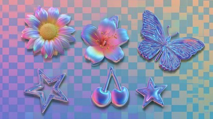 Holographic flowers, butterfly, stars, and cherries on pastel checkered background, blending surreal digital texture with dreamy aesthetics