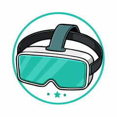 Cartoon VR headset with teal lenses and a teal circle background with stars.