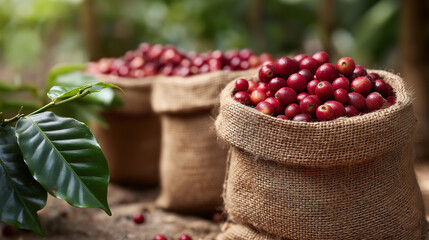 Coffee harvest collection bags on plantation ground, burlap sacks filled with cherries, agricultural gathering equipment, farm yield storage, tropical setting, with copy space