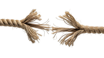 Frayed rope about to break, symbolizing tension, risk, failure, and vulnerability in business and life. Isolated on white or transparent background. PNG format.