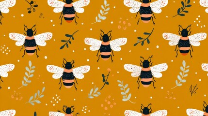 Whimsical seamless pattern with stylized bees, botanical elements, and white dots on mustard yellow background for decorative design use