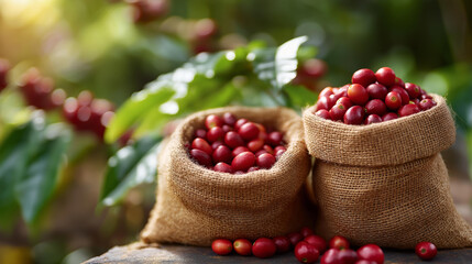 Coffee harvest collection bags on plantation ground, burlap sacks filled with cherries, agricultural gathering equipment, farm yield storage, tropical setting, with copy space