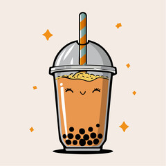Cute cartoon boba tea with a smiling face and a straw in a plastic cup.