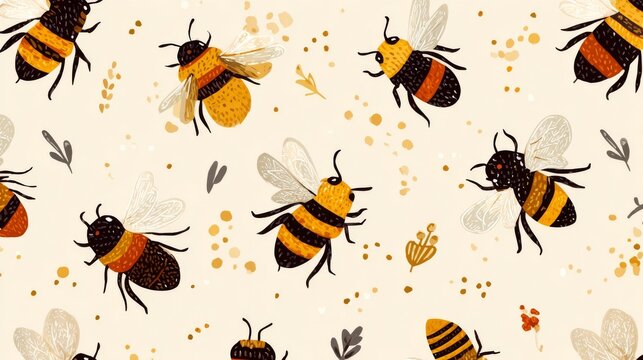 Whimsical seamless pattern with stylized bees, botanical elements, and white dots on mustard yellow background for decorative design use