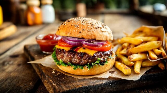 Juicy burger with melted cheese onions and fries on rustic wooden board invites indulgent fast food craving for restaurant advertising and delivery menu