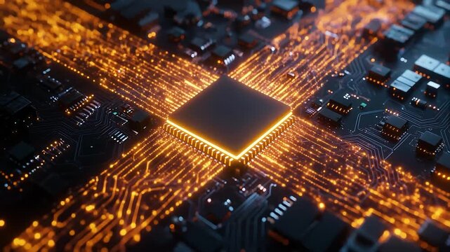 Futuristic computer circuit board with glowing CPU animation