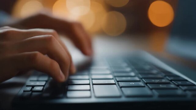 Hands typing on a laptop keyboard with warm bokeh background