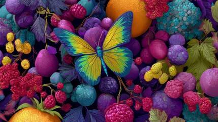 Colorful butterfly surrounded by vibrant fruits and foliage in surreal digital composition blending nature, fantasy, and artistic abstraction