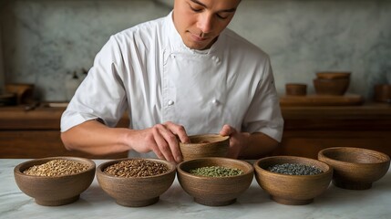 Chef thoughtfully inspects a selection of diverse grains and seeds in bowls