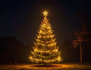 Illuminated Christmas Tree Under Starry Night Sky