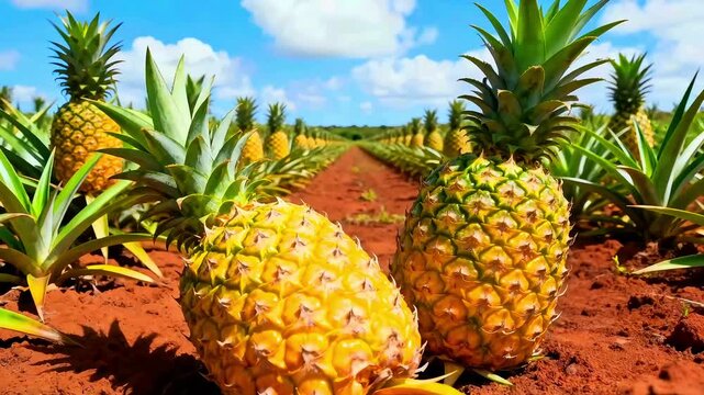 Ripe pineapples growing in a vast field on a sunny day with clear blue skies