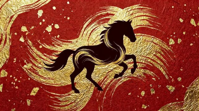 Silhouette of energetic horse in a running gallop, a symbol of Chinese New Year and Lunar New Year with golden brushstrokes on red background