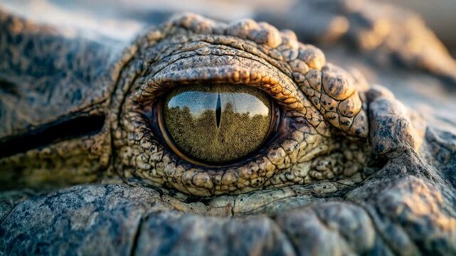 Macro shot of reptile eye embedded in rough scales evokes prehistoric predator strength wildlife mystery and primal nature detail