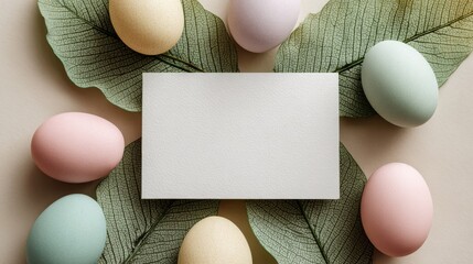 Pastel-colored eggs and green leaves arranged around blank white card on soft background for spring, Easter, and festive design themes