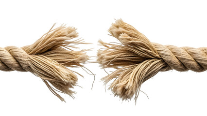 Frayed rope about to break, symbolizing tension, risk, failure, and vulnerability in business and life. Isolated on white or transparent background. PNG format.