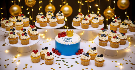 Celebratory dessert table with cupcakes and thank you cake