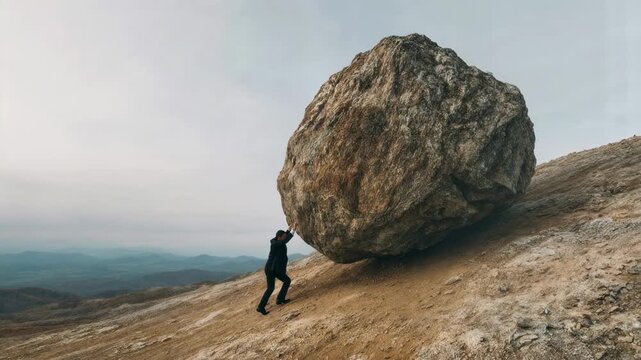 Silhouetted figure pushes massive boulder up hillside under cloudy sky symbolizing persistence struggle challenge and determination to overcome obstacles