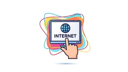Clicking the internet icon on a computer monitor with a pointer hand, symbolizing online access