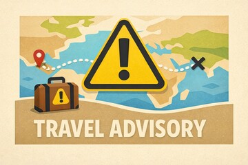 Essential travel advisory illustrating caution symbols highlighting potential hazards across a map with distinct geographical features and visual cues for expedition readiness