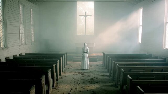 Solitary woman in white dress stands in misty empty church aisle before glowing cross suggesting prayer faith reflection and spiritual quest for hope
