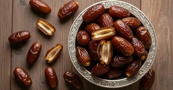 Delicious dates in a decorative bowl on wooden table