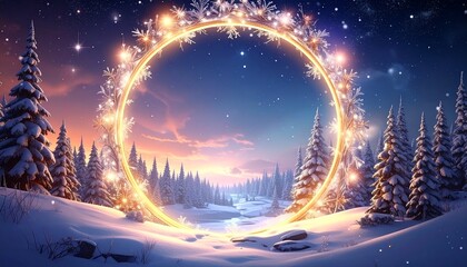 Magical Winter Portal in Snowy Forest at Sunset