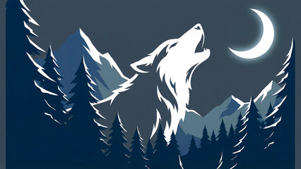 Striking stylized white wolf howling dramatically towards a bright crescent moon above dark pine forests and snowy mountain peaks in a graphic night scene.