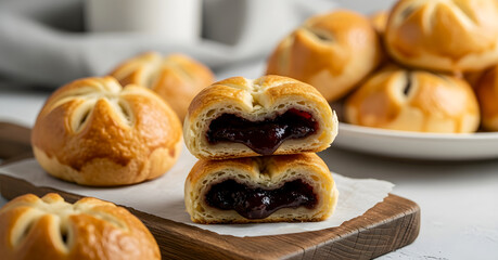 Delicious sweet pastries filled with jam on wooden board