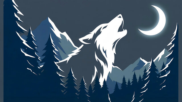 Striking stylized white wolf howling dramatically towards a bright crescent moon above dark pine forests and snowy mountain peaks in a graphic night scene. - Powered by Adobe