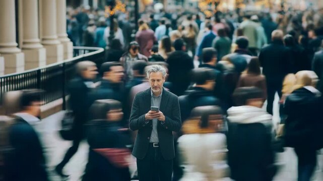 Businessman stands still with smartphone in hand while blurred crowd rushes around symbolizing digital overload isolation and modern urban stress