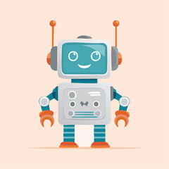 Cartoon robot with a smiling face and orange accents on a peach background.