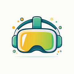 Illustration of a virtual reality headset with a green and yellow color scheme on a white background.