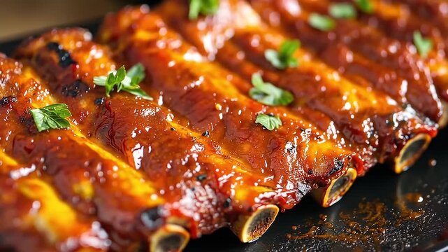 Close up Of Barbecue Pork Ribs Glazed With Spicy Sauce Garnished With Parsley On A Black Plate In A Restaurant Food Close up Pork Ribs Glazed With Spicy 
