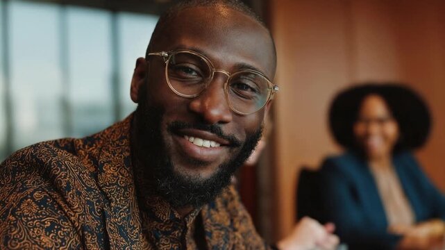Smiling businessman in patterned shirt sits in modern office meeting room with colleagues in background reflecting friendly corporate culture teamwork and professional success