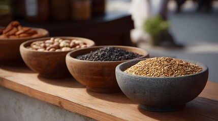 A diverse assortment of healthy seeds and nuts is displayed in rustic wooden and stone bowls on a warm wooden counter showcasing natural ingredients