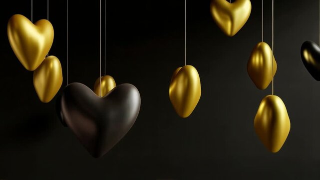 Golden and black heart shaped balloons hang from thin strings against dark background creating luxurious romantic decoration for celebration love events and stylish party design
