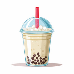 Illustration of a bubble tea drink in a clear plastic cup with a dome lid and a red straw.