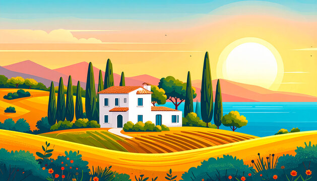 Vector illustration of a summer sunset in the rural Tuscany Italy landscape featuring a cartoon farm house and green hills under a cloudy sky with a sun setting over the meadow field and road - Powered by Adobe