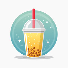 Illustration of a cup of bubble tea with tapioca pearls and a red straw.