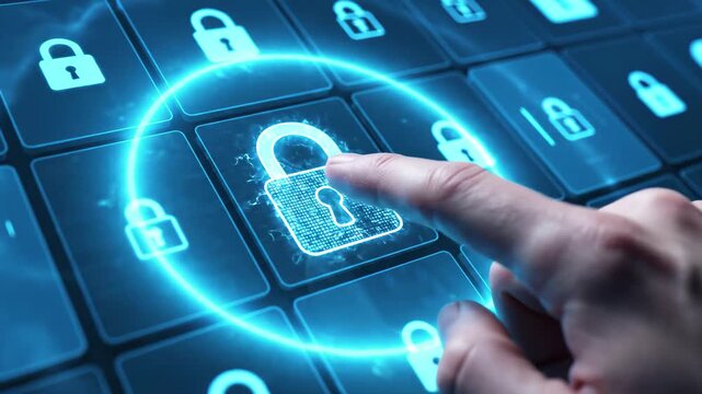 Digital security concept finger touching glowing unlock icon on dark blue interface, 4k high quality