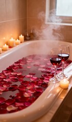 Romantic Bathtub with Candles and Wine