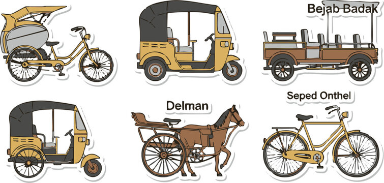 Transport Icons: A charming collection of various vintage transports. It includes Seped Onthel, Delman,  and others