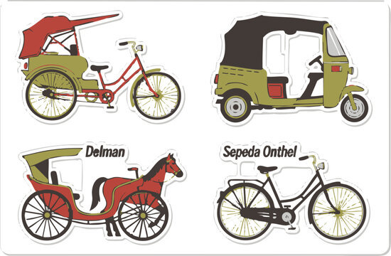 Vintage Transportation Collage: A curated collection of vintage transportation illustrations showcases the charm and elegance of a bygone era. Including Delman, Sepeda Onthel and others