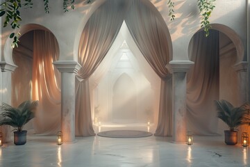 Serene interior with draped archway, soft light, and lush greenery in a peaceful setting.